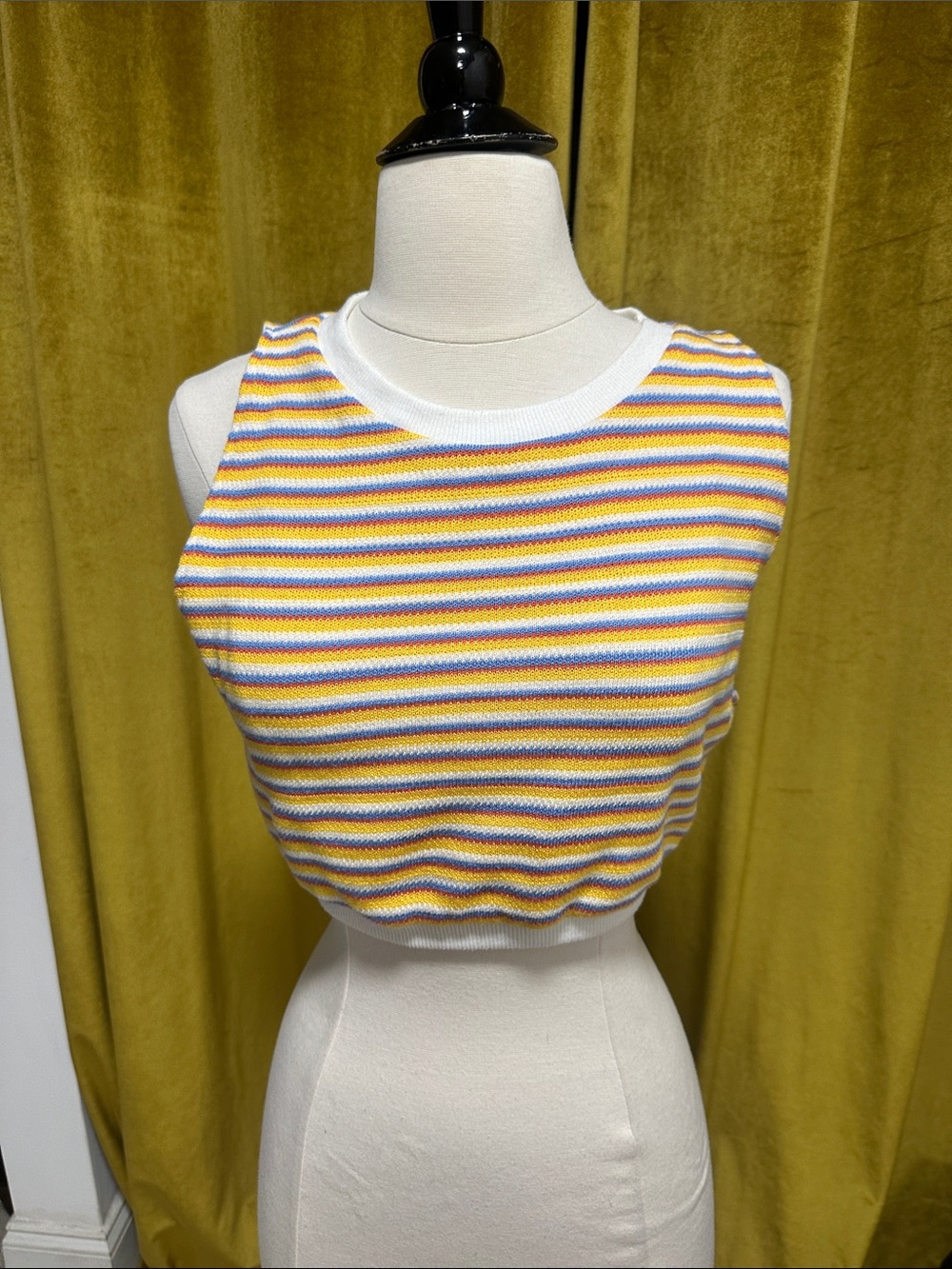 Zara Striped Knit Crop Tank in White, Yellow & Blue